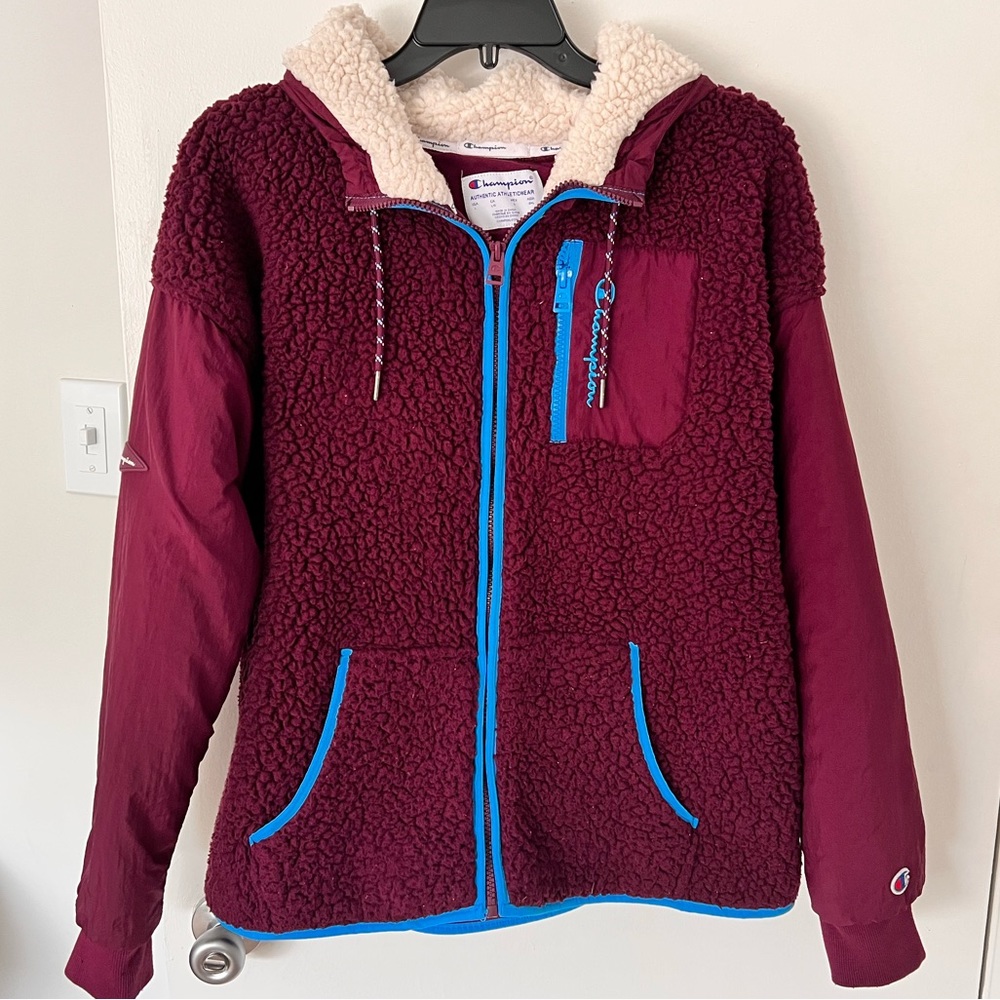 Champion Maroon Zip Up Fleece Jacket / Hoodie, Hooded Warm Lined Sweater, Large